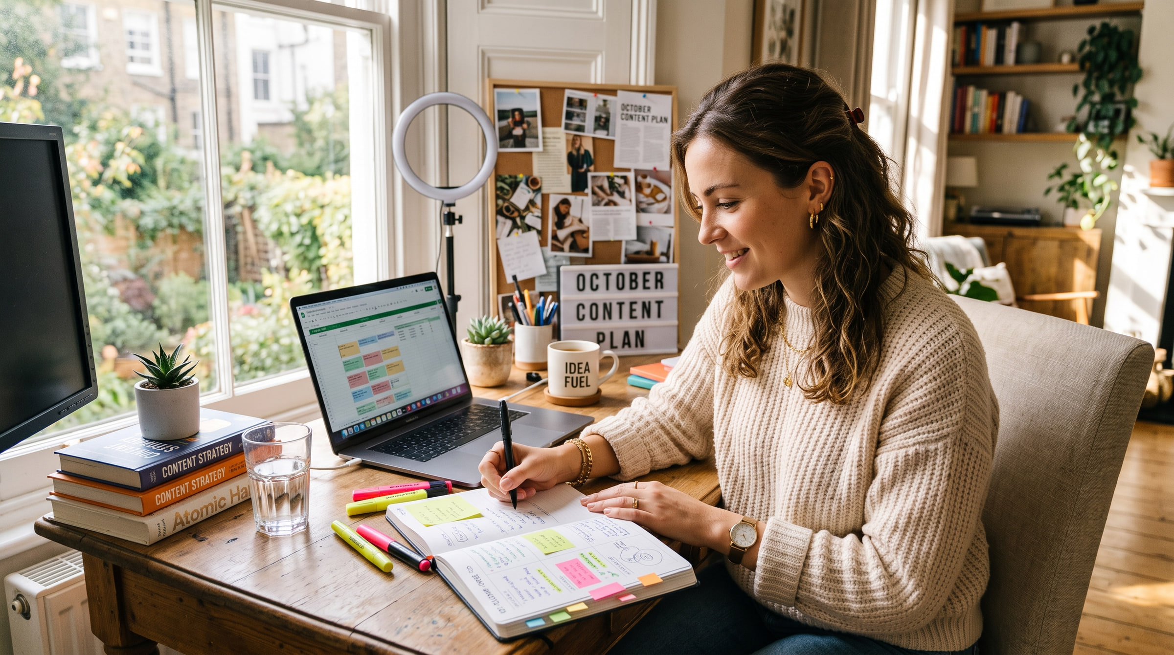 A person planning content at a sunny desk, editorial photography